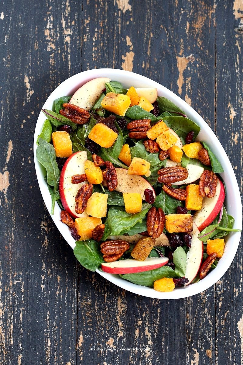 Roasted Butternut Squash Apple Cranberry Salad with harrissa Spiced Pecans. Easy Thanksgiving Salad. | VeganRicha.com #vegan #glutenfree #soyfree #recipe
