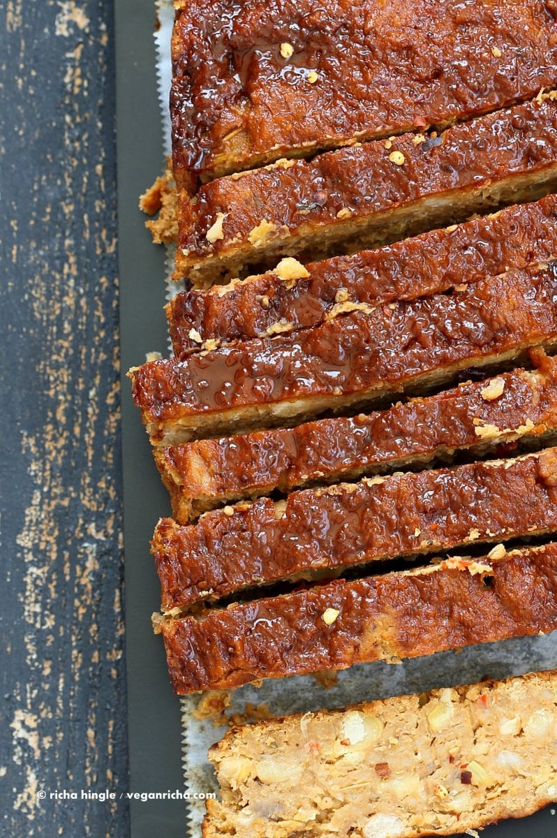 Chickpea Veggie Loaf with spices and a spicy bbq glaze. Chickpea Cannellini bean Veggie meat loaf for Thanksgiving and the holidays. Easy and delicious. | VeganRicha.com #vegan can be #glutenfree
