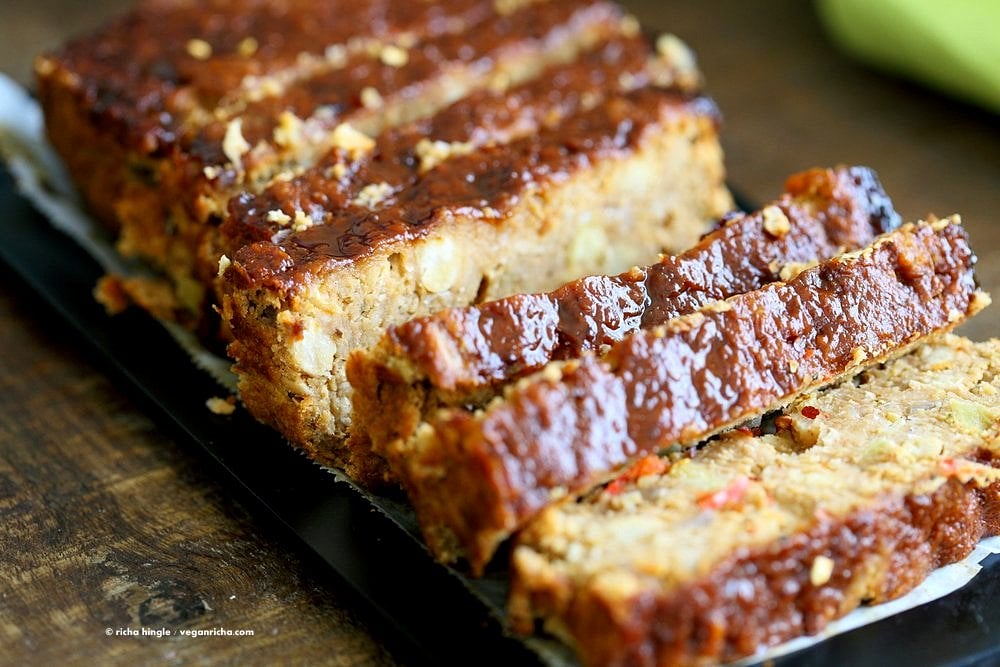 Chickpea Veggie Loaf with spices and a spicy bbq glaze. Chickpea Cannellini bean Veggie meat loaf for Thanksgiving and the holidays. Easy and delicious. | VeganRicha.com #vegan can be #glutenfree