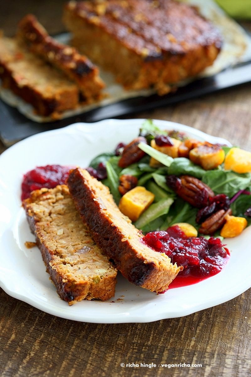 Chickpea Veggie Loaf with spices and a spicy bbq glaze. Chickpea Cannellini bean Veggie meat loaf for Thanksgiving and the holidays. Easy and delicious. | VeganRicha.com #vegan can be #glutenfree