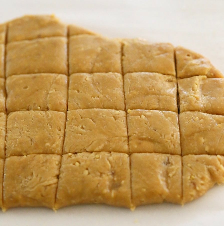 Besan Burfi with Condensed Milk. Indian Chickpea flour fudge with Condensed non dairy milk. | VeganRicha.com #vegan #glutenfree #indian #fudge #diwali