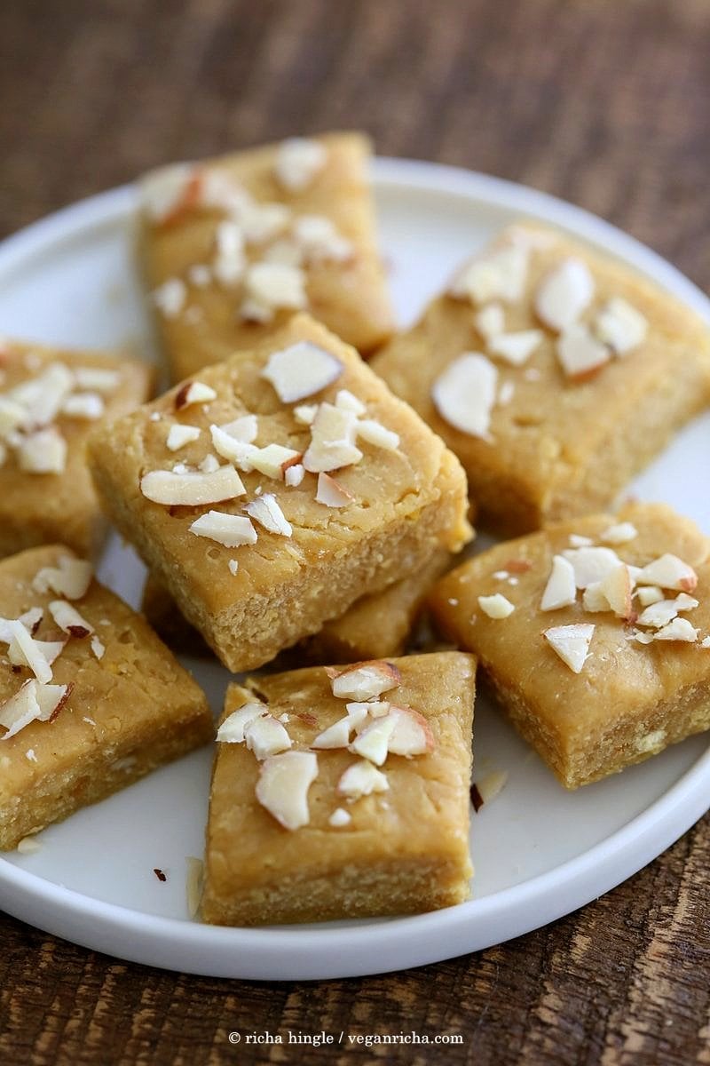 Besan Burfi with Condensed Milk. Indian Chickpea flour fudge with Condensed non dairy milk. | VeganRicha.com #vegan #glutenfree #indian #fudge #diwali