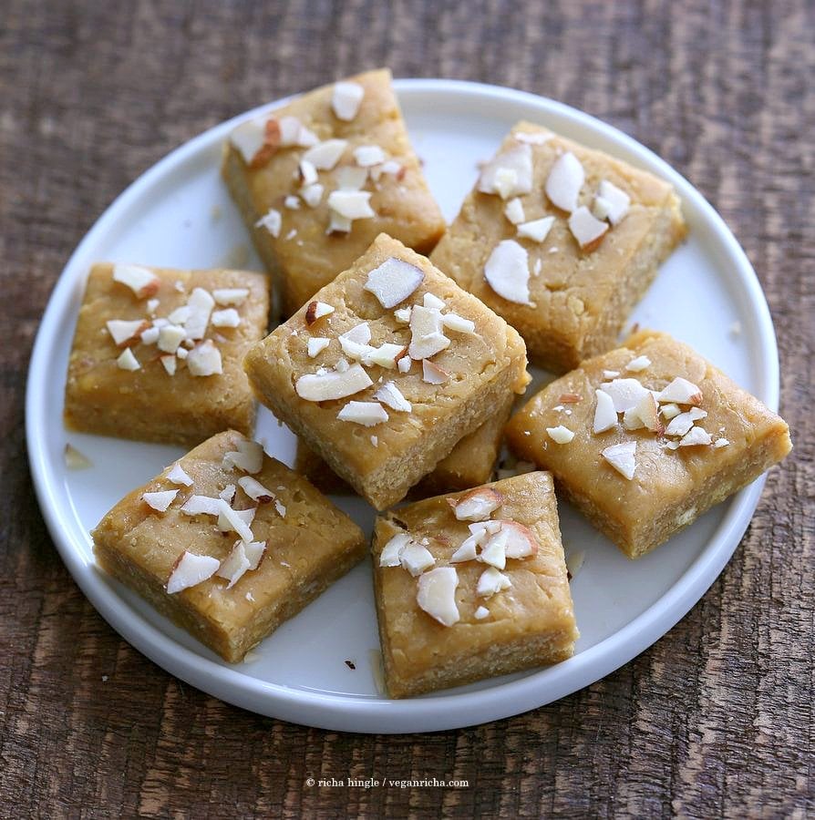 Besan Burfi with Condensed Milk. Indian Chickpea flour fudge with Condensed non dairy milk. | VeganRicha.com #vegan #glutenfree #indian #fudge #diwali
