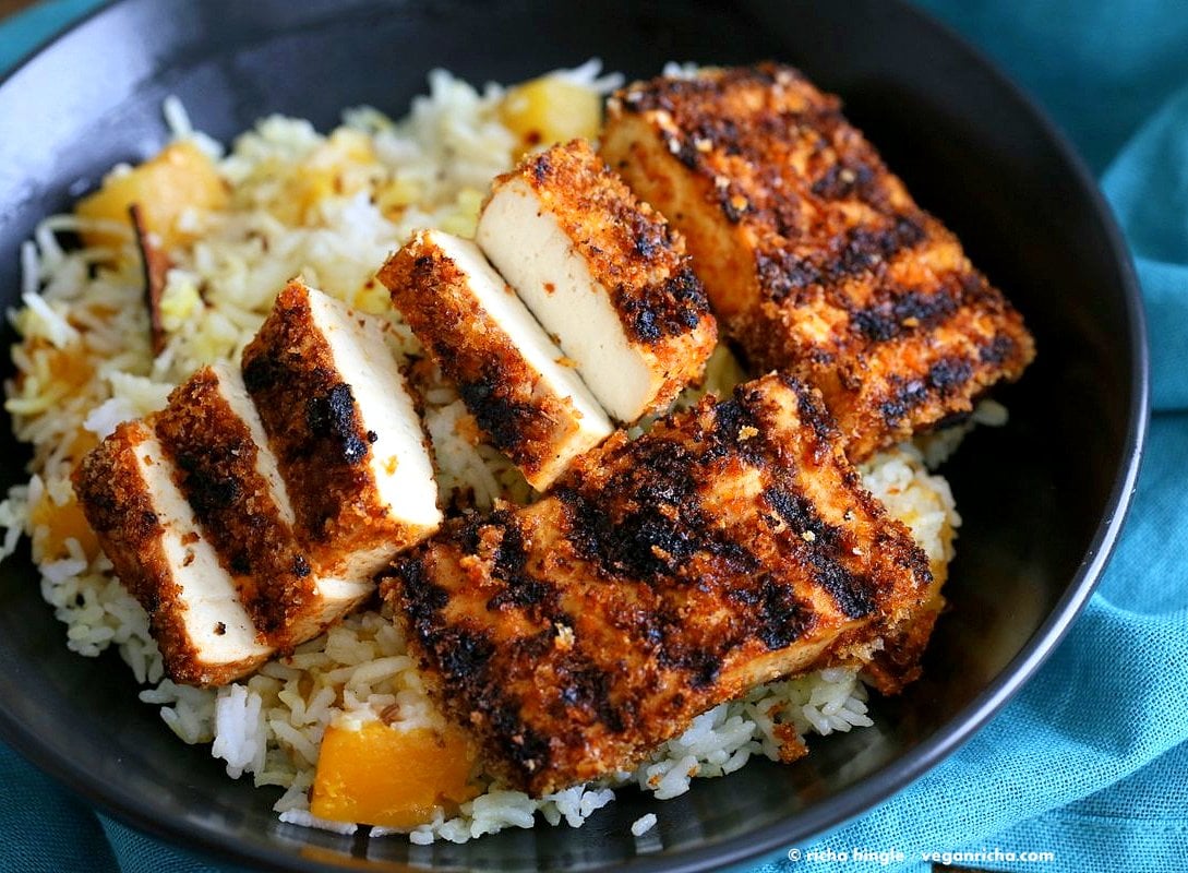 Butternut Squash Pilaf with Whole Spices - Cardamom, cloves, cinnamon and Breaded Tofu Strips. Use other squash or pumpkin and spices of choice. | VeganRicha.com #Vegan #Glutenfree #Holiday #side #Recipe