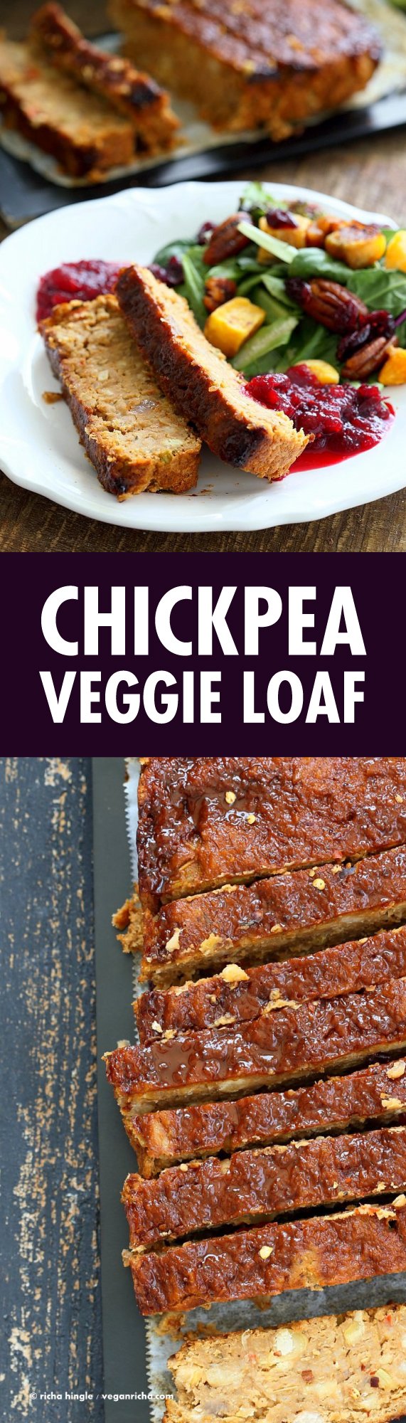 Chickpea Veggie Loaf with spices and a spicy bbq glaze. Chickpea Cannellini bean Veggie meat loaf for Thanksgiving and the holidays. Easy and delicious. | VeganRicha.com #vegan can be #glutenfree