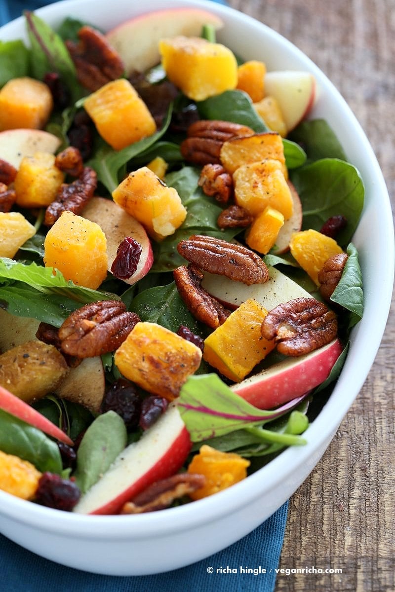 Roasted Butternut Squash Apple Cranberry Salad with harrissa Spiced Pecans. Easy Thanksgiving Salad. | VeganRicha.com #vegan #glutenfree #soyfree #recipe
