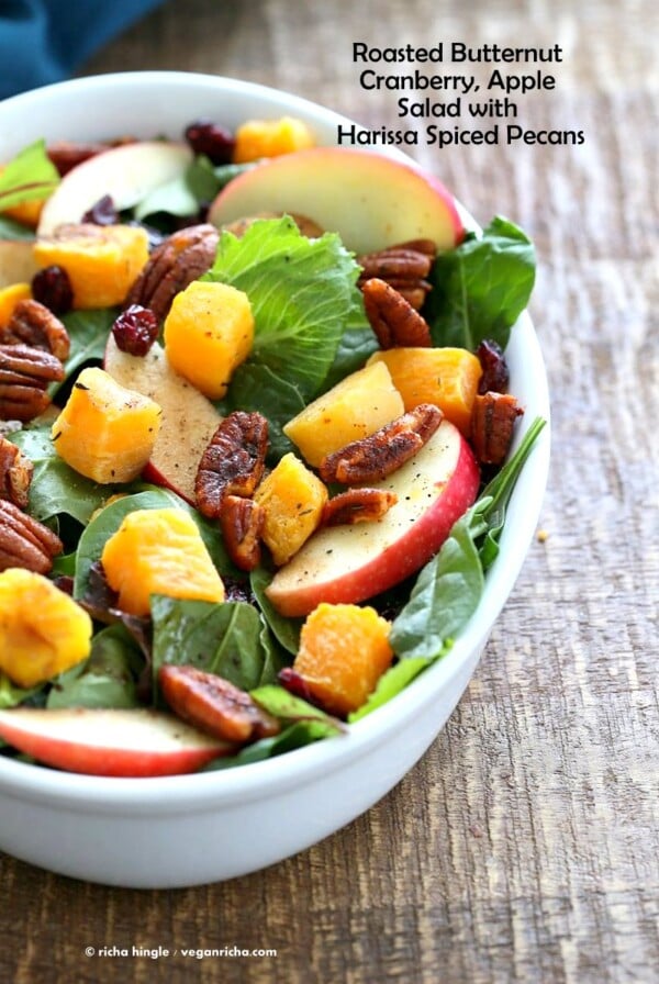 Roasted Butternut Squash Apple Cranberry Salad with harrissa Spiced Pecans. Easy Thanksgiving Salad. | VeganRicha.com #vegan #glutenfree #soyfree #recipe #veganricha