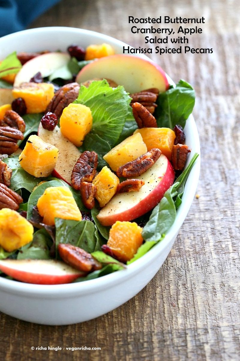 Roasted Butternut Squash Apple Cranberry Salad with harrissa Spiced Pecans. Easy Thanksgiving Salad. | VeganRicha.com #vegan #glutenfree #soyfree #recipe
