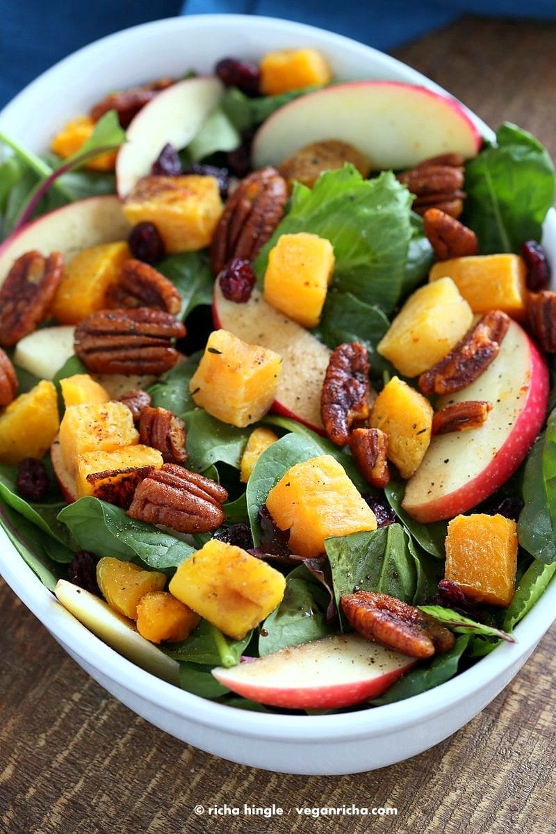Roasted Butternut Squash Apple Cranberry Salad with harrissa Spiced Pecans. Easy Thanksgiving Salad. | VeganRicha.com #vegan #glutenfree #soyfree #recipe