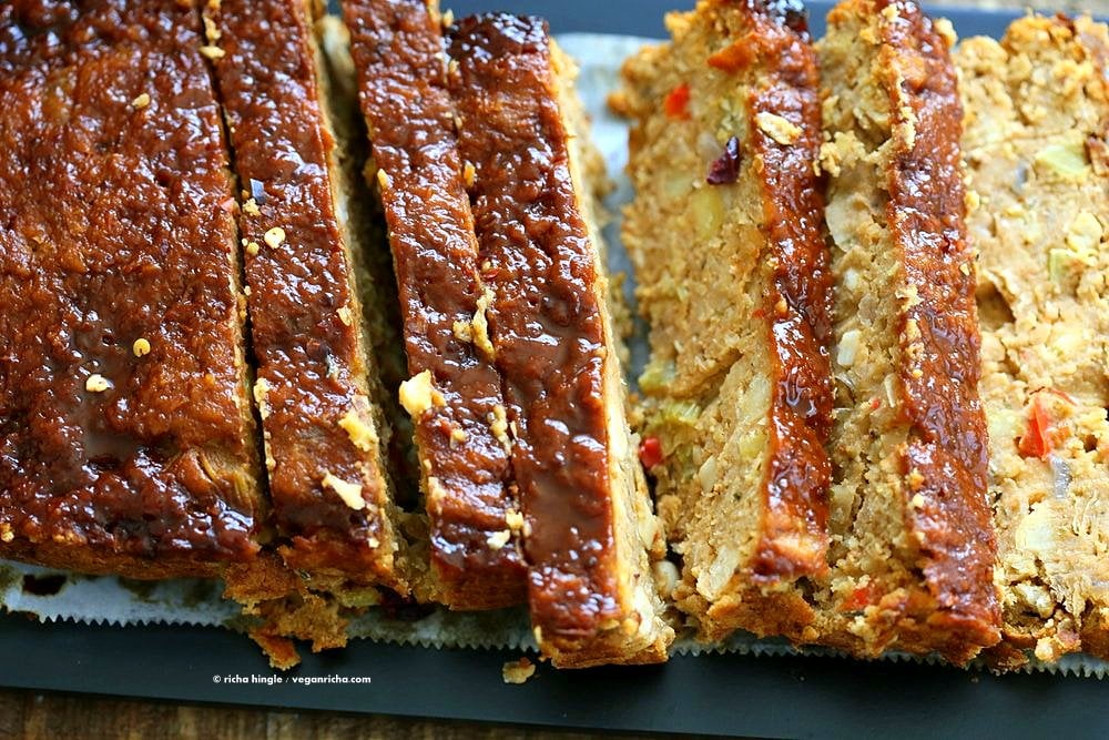 Chickpea Veggie Loaf with spices and a spicy bbq glaze. Chickpea Cannellini bean Veggie meat loaf for Thanksgiving and the holidays. Easy and delicious. | VeganRicha.com #vegan can be #glutenfree