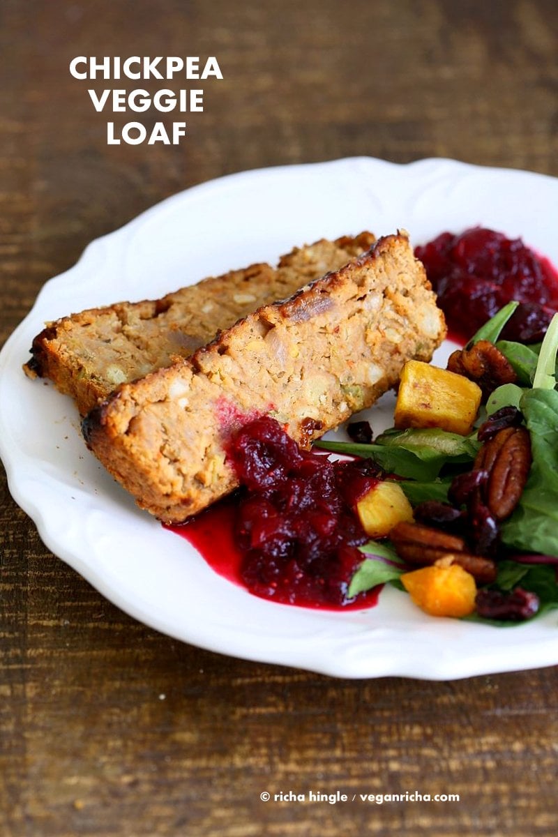 Chickpea Veggie Loaf with spices and a spicy bbq glaze. Chickpea Cannellini bean Vegan meatloaf for Thanksgiving and the holidays. Easy and delicious. | VeganRicha.com #vegan can be #glutenfree