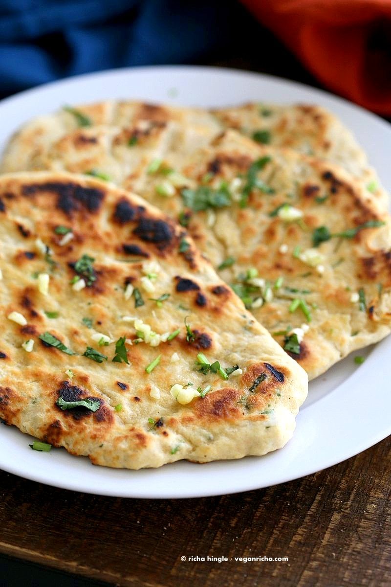 Garlic flatbread recipe No Yeast. This easy garlic herb flatbread has no yeast, doesn't need hours to rest, and has a secret ingredient. | VeganRicha.com #vegan #flatbread #recipe