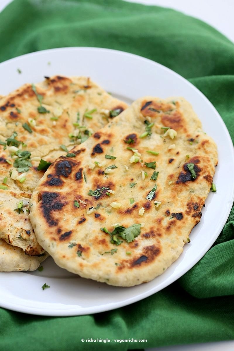 Garlic flatbread recipe No Yeast. This easy garlic herb flatbread has no yeast, doesn't need hours to rest, and has a secret ingredient. | VeganRicha.com #vegan #flatbread #recipe