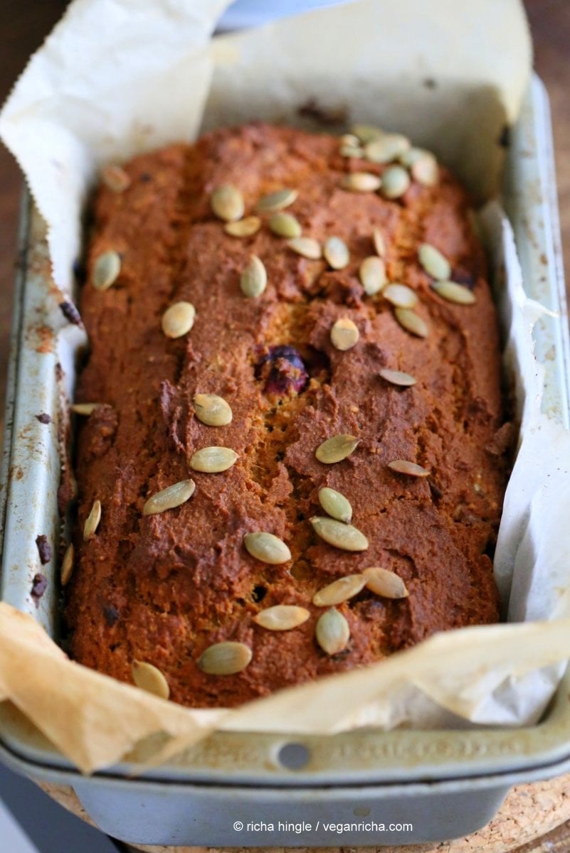 Vegan Gluten free Pumpkin Bread Recipe with cranberries and walnuts. Gum-free, Soy-free. Can be made oat-free. | VeganRicha.com #vegan #glutenfree #pumpkinbread