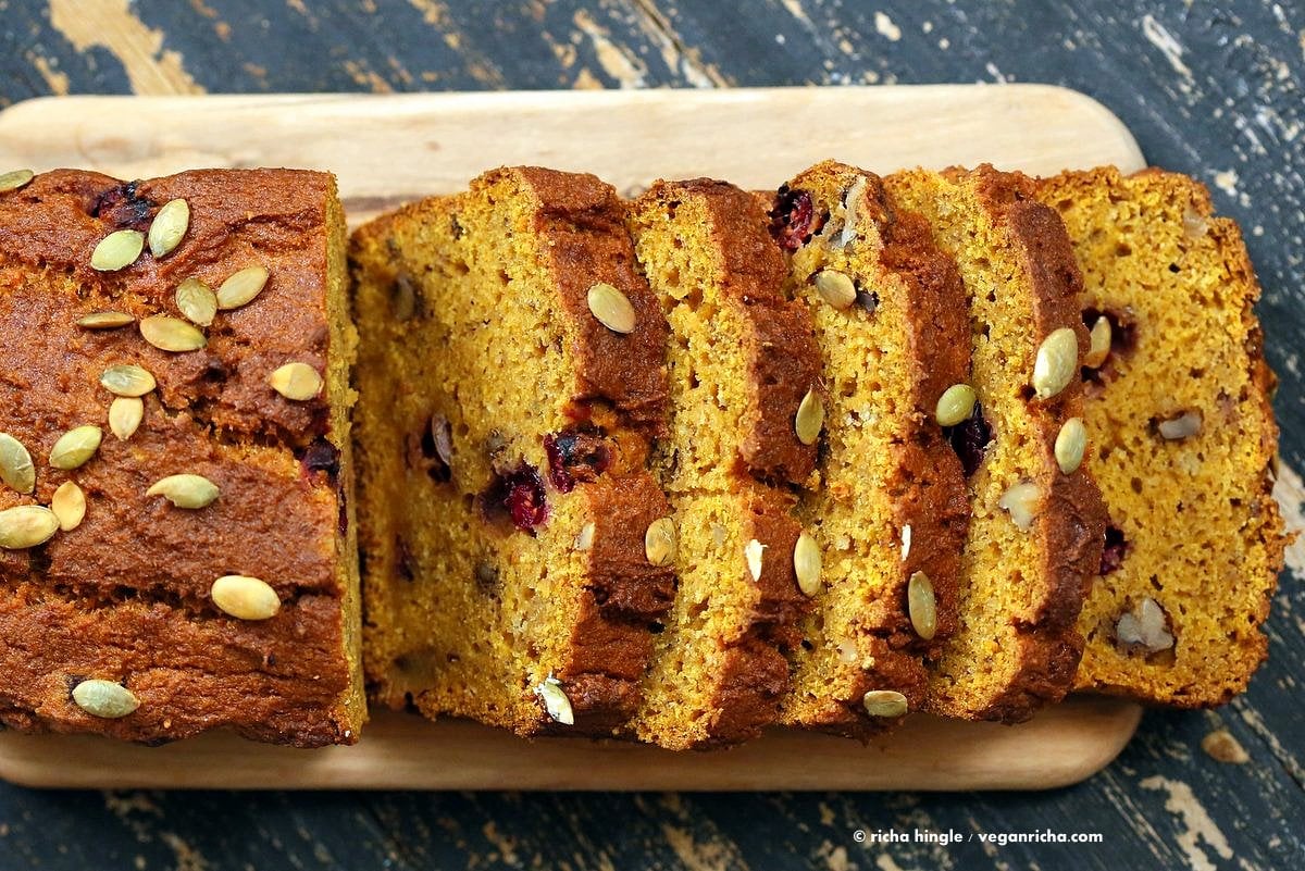 Vegan Gluten free Pumpkin Bread Recipe with cranberries and walnuts. Gum-free, Soy-free. Can be made oat-free. | VeganRicha.com #vegan #glutenfree #pumpkinbread