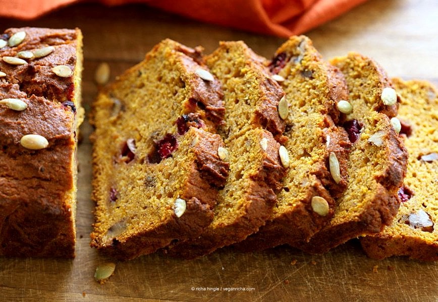 Vegan Gluten free Pumpkin Bread Recipe with cranberries and walnuts. Gum-free, Soy-free. Can be made oat-free. | VeganRicha.com #vegan #glutenfree #pumpkinbread