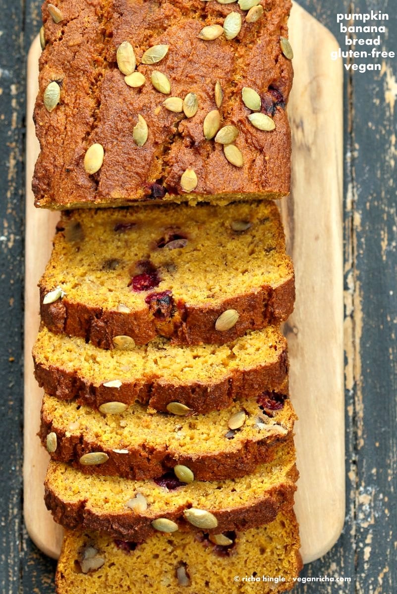 Vegan Gluten free Pumpkin Bread Recipe with cranberries and walnuts. Gum-free, Soy-free. Can be made oat-free. | VeganRicha.com #vegan #glutenfree #pumpkinbread #breakfast