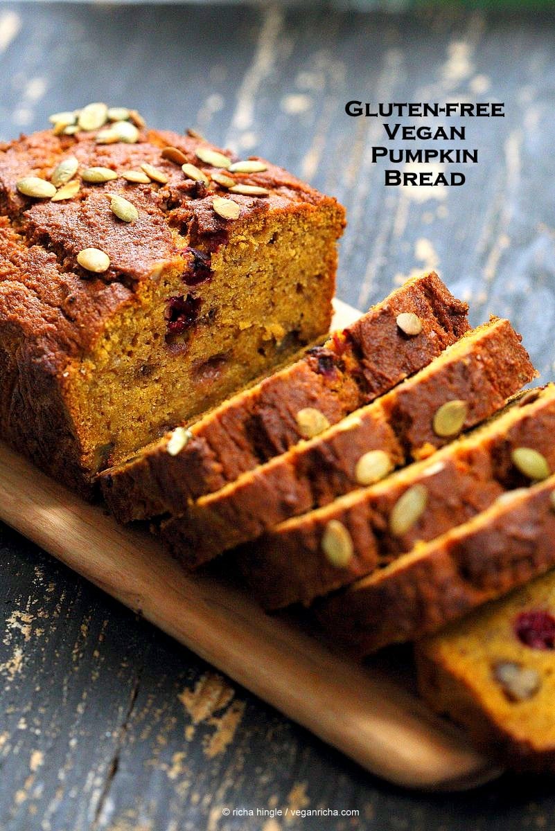 Vegan Gluten free Pumpkin Bread Recipe with cranberries and walnuts. Gum-free, Soy-free. Can be made oat-free. | VeganRicha.com #vegan #glutenfree #yeastfree #breakfast #pumpkinbread