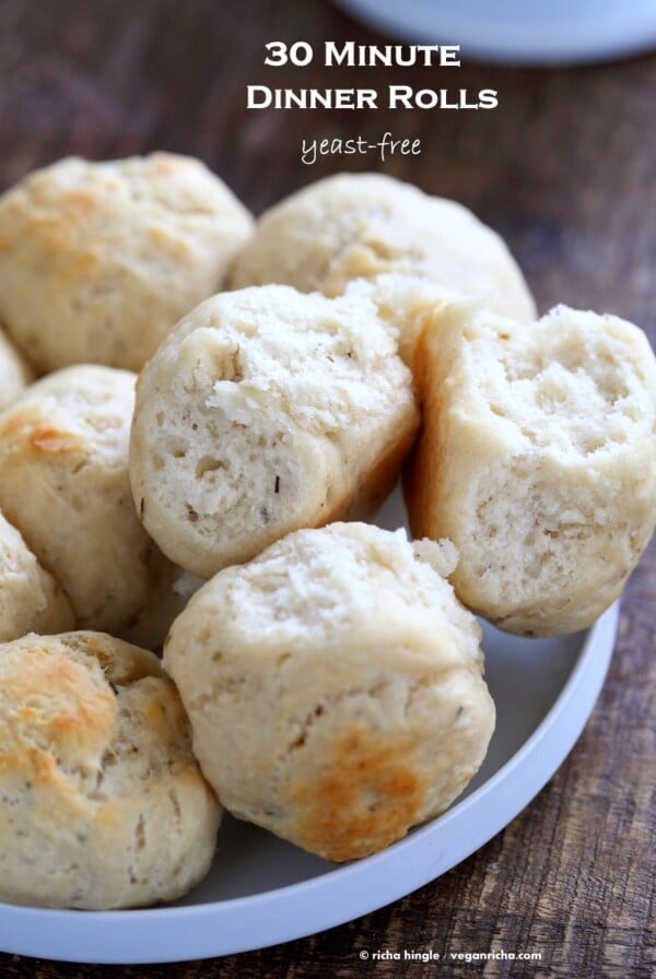 Easy Dinner Rolls No Yeast. These soft herbed Dinner Rolls are ready in 25 minutes! Add herbs of choice, or garlic. | VeganRicha.com #vegan #rolls #Yeastfree #soyfree #nutefree #recipe #veganricha