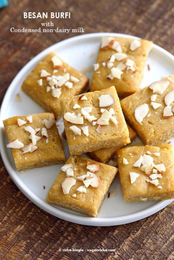 Besan Burfi with Condensed Milk. Indian Chickpea flour fudge with Condensed non dairy milk. | VeganRicha.com #vegan #glutenfree #indian #fudge #diwali #veganricha