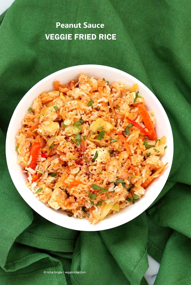 Peanut Sauce Fried Rice with Tofu, Carrots, red bell pepper, Cabbage and cilantro. Use cooked chickpeas to make soy-free, | VeganRicha.com #vegan #glutenfree #friedrice