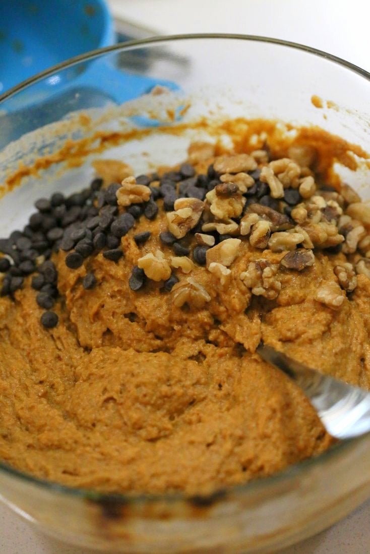 1 Bowl Vegan Pumpkin Bread Recipe. Easy Pumpkin loaf with pumpkin puree, pumpkin pie spice, walnuts and chocolate chips. Use pumpkin seeds, currants for variation | VeganRicha.com #vegan #breakfast #pumpkinbread