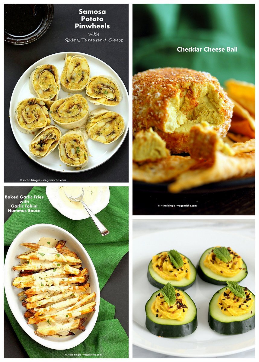 Vegan Holiday Appetizers | VeganRicha.com #cheeseball #pinwheels #deviledcucumber #vegan #recipe