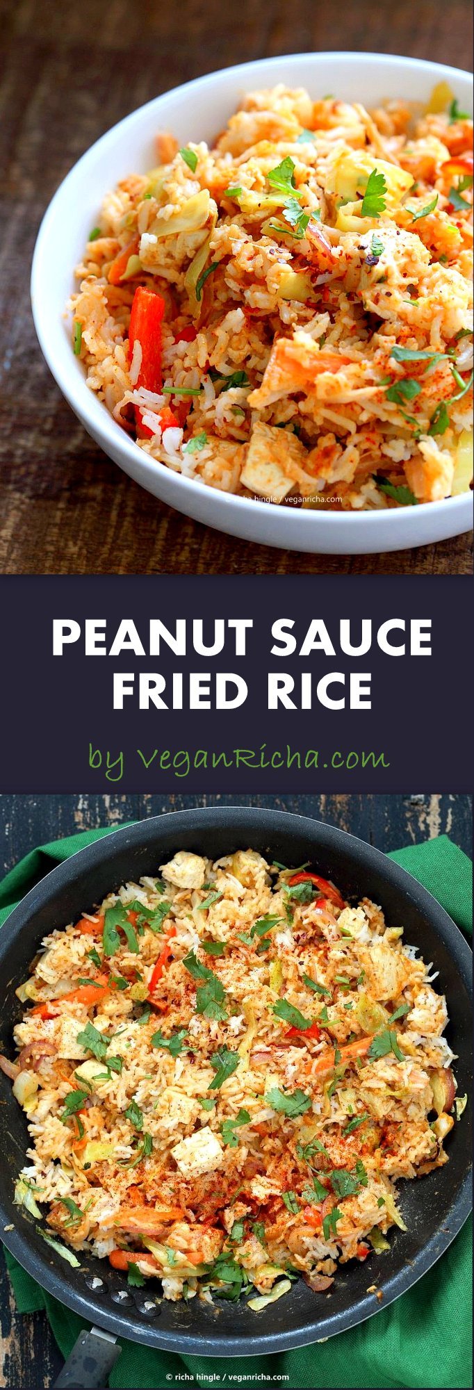 Peanut Sauce Fried Rice with Tofu, Carrots, red bell pepper, Cabbage and cilantro. Use cooked chickpeas to make soy-free, | VeganRicha.com vegan glutenfree friedrice