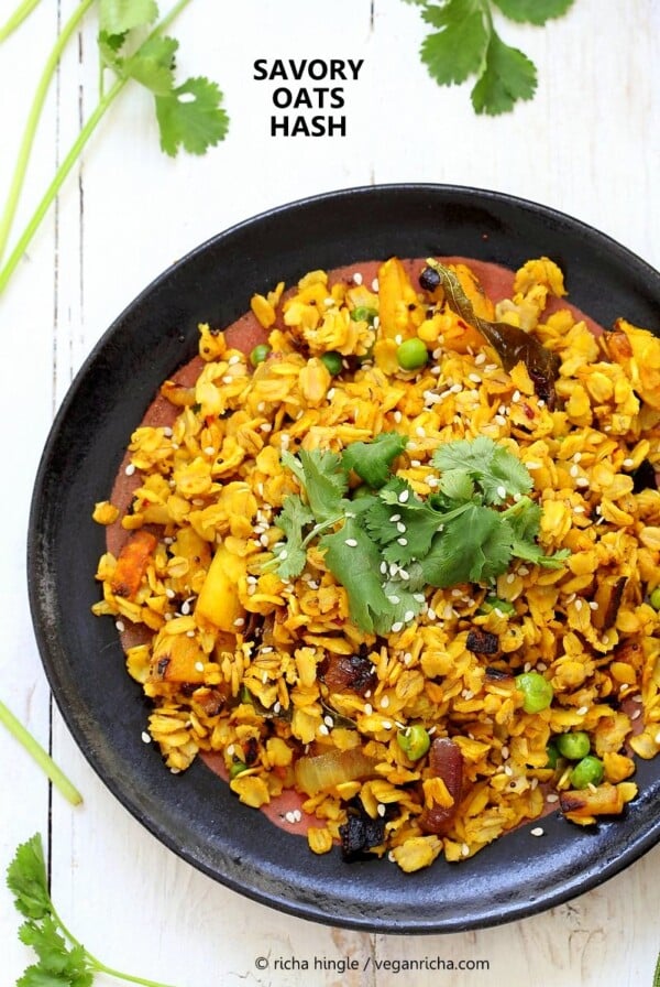 Savory Oats Hash - Indian Oats Poha Upma - Savory Oats with veggies and nuts | VeganRicha.com #vegan #glutenfree #soyfree #recipe #veganricha