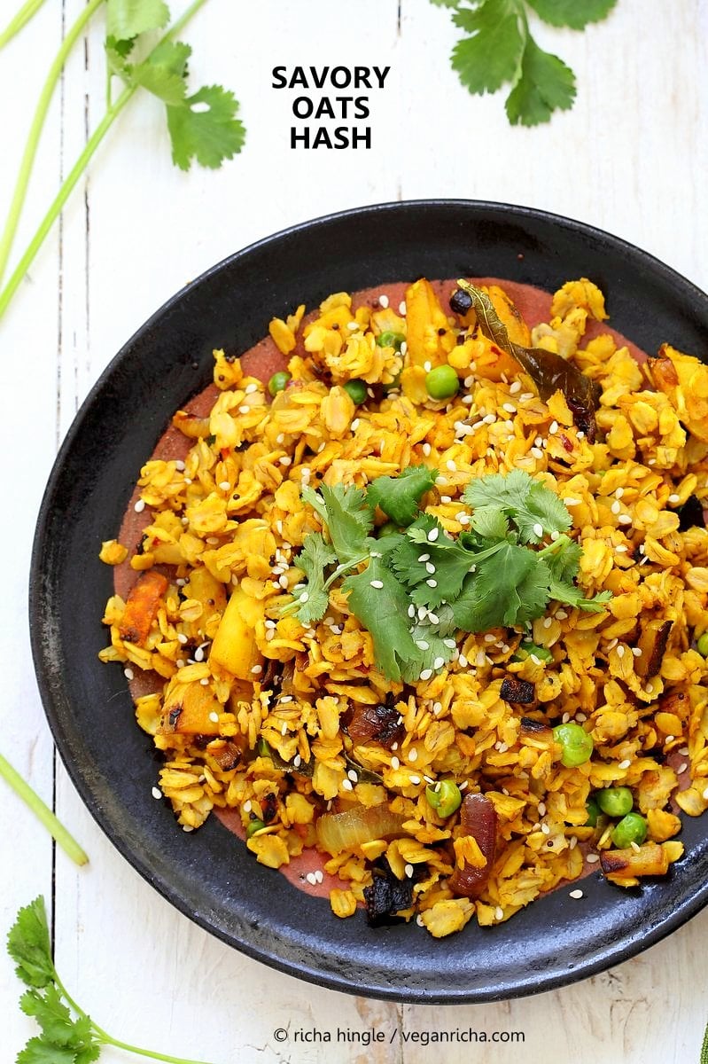 Savory Oats Hash - Indian Oats Poha Upma - Savory Oats with veggies and nuts | VeganRicha.com #vegan #glutenfree #soyfree #recipe