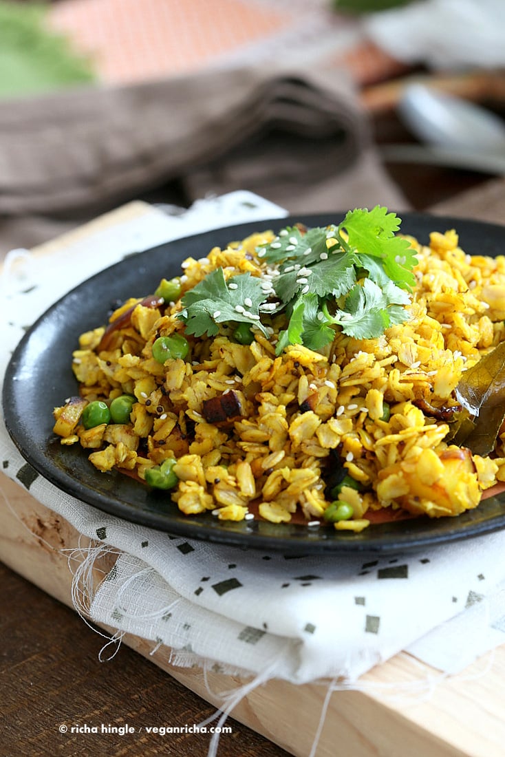 Savory Oats Hash - Indian Oats Poha Upma - Savory Breakfast Oats with veggies and nuts | VeganRicha.com #vegan #glutenfree #soyfree #recipe from Vegan Richa's Indian Kitchen Cookbook