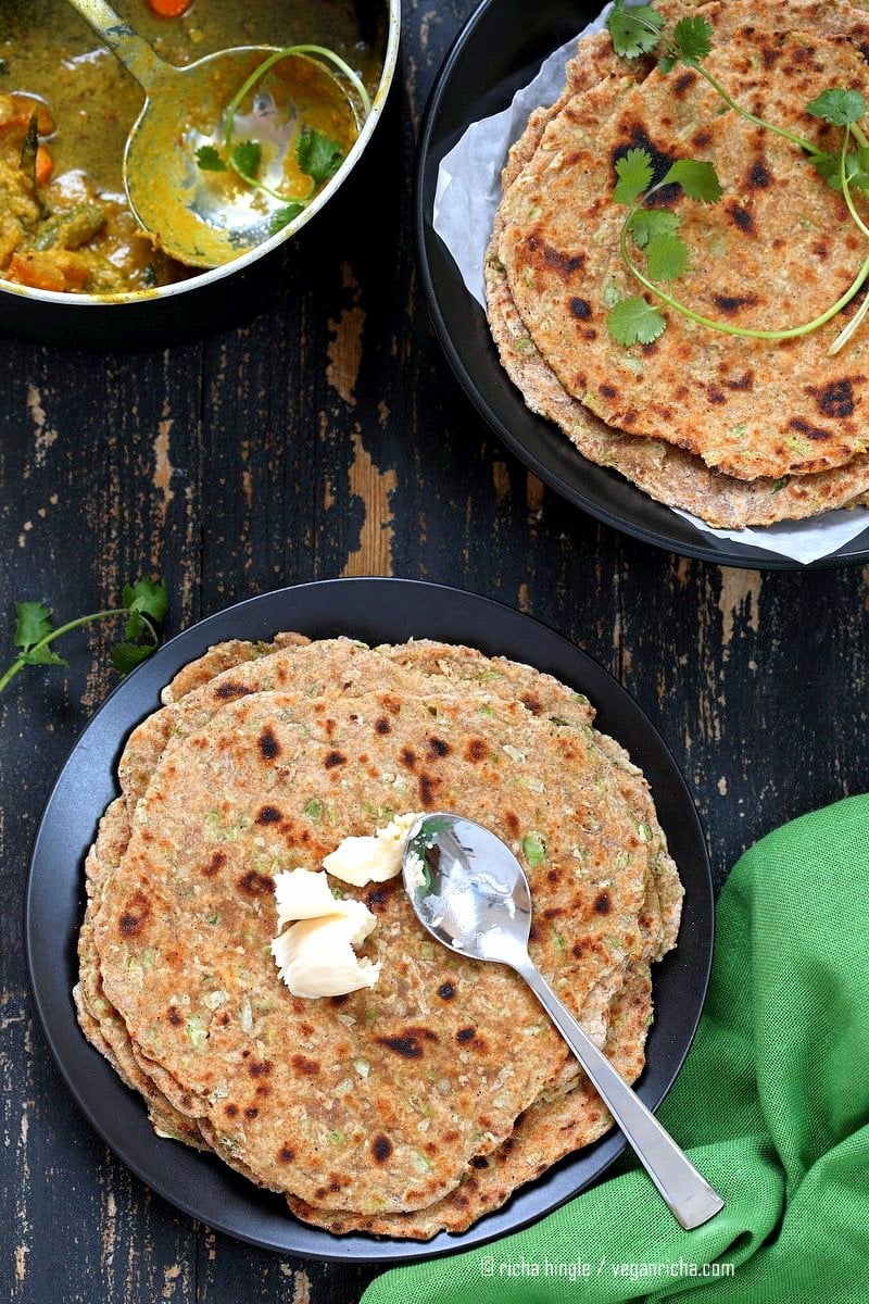 Lauki Paratha - Spiced Opo Squash / Zucchini Wheat Flatbread . Easy Indian flatbread. Yeast-free, Whole grain | VeganRicha.com #vegan #Indian #recipe