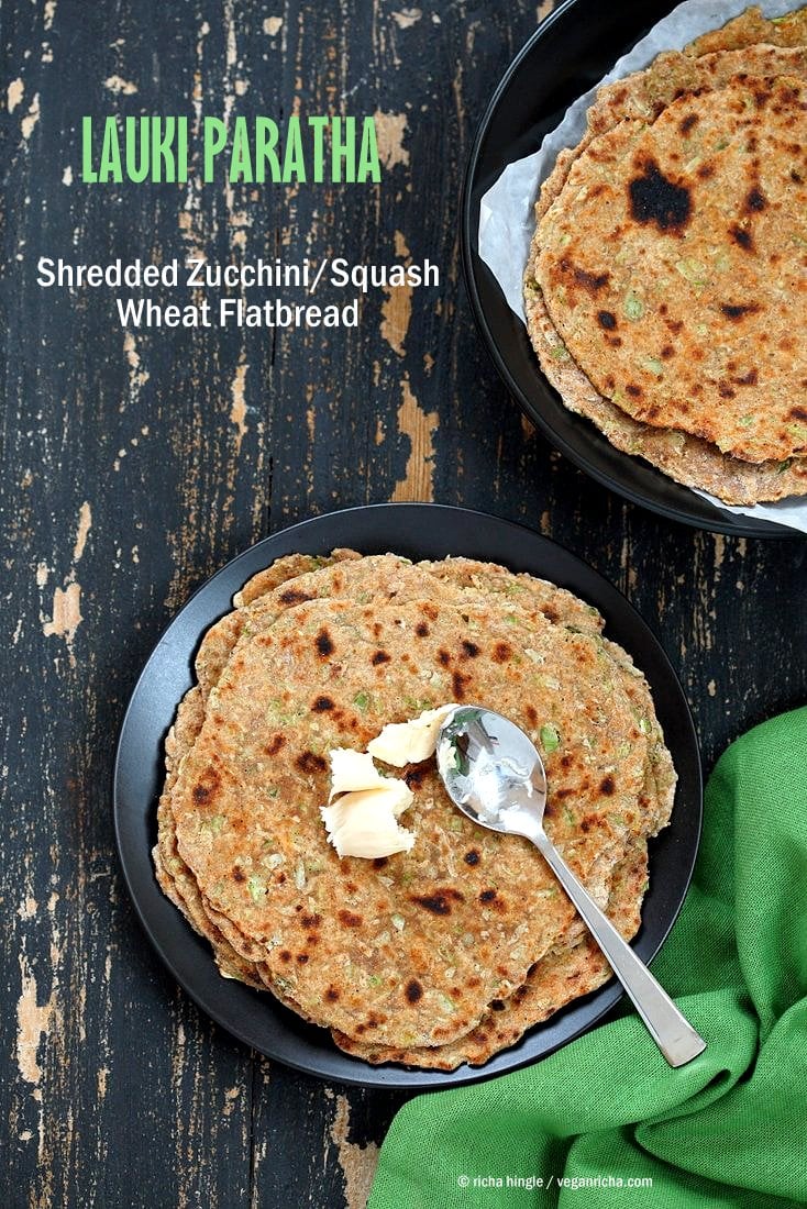 Lauki Paratha - Spiced Opo Squash / Zucchini Wheat Flatbread . Easy Indian flatbread. Yeast-free, Whole grain | VeganRicha.com #vegan #Indian #recipe