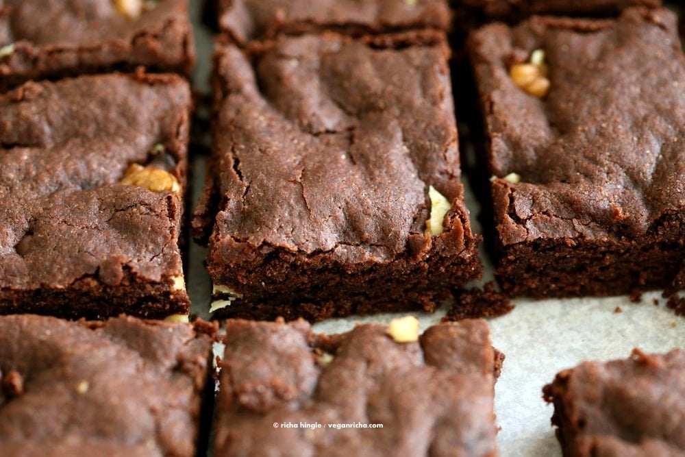 Easy Vegan Brownies Recipe. Fudgy, delicious. Add walnuts, peppermint, ginger, peanut butter swirl for variation | VeganRicha.com #vegan #brownie