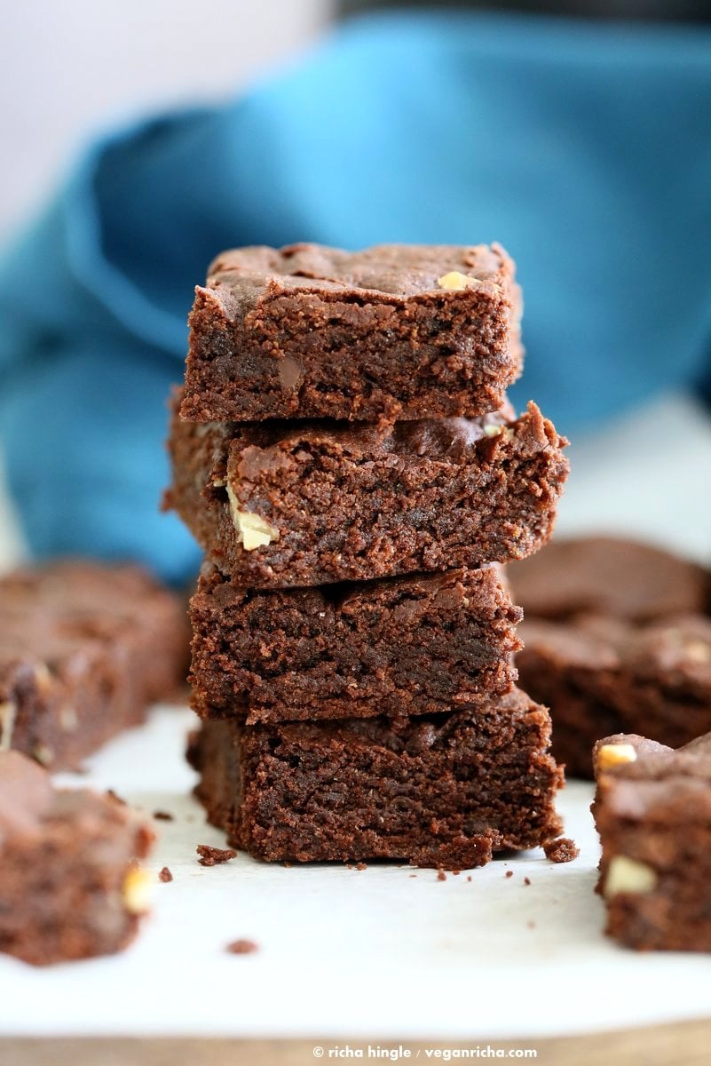 Easy Vegan Brownies Recipe. Fudgy, delicious. Add walnuts, peppermint, ginger, peanut butter swirl for variation | VeganRicha.com #vegan #brownie