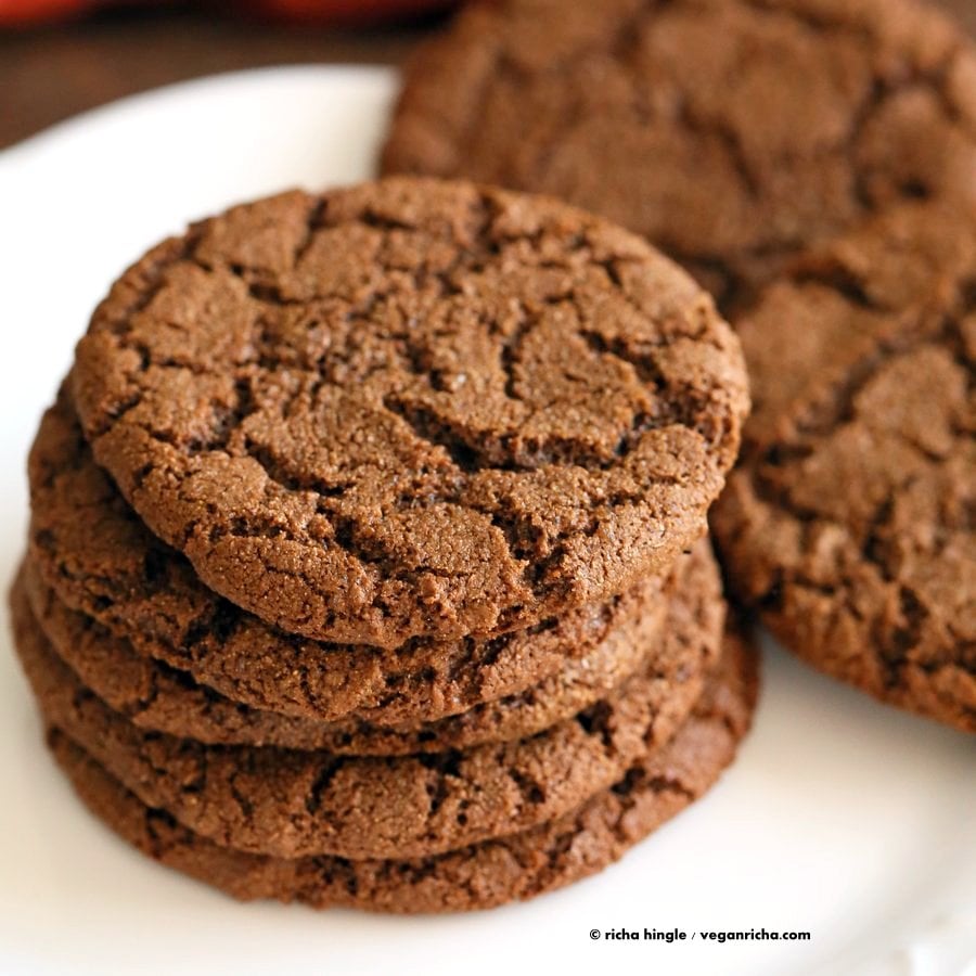 One Bowl Giant Molasses Cookies. Vegan Ginger molasses cookies. Huge, chewy and Crinkles! Easy #Holiday #Christmas #Cookie #Recipe.| VeganRicha.com