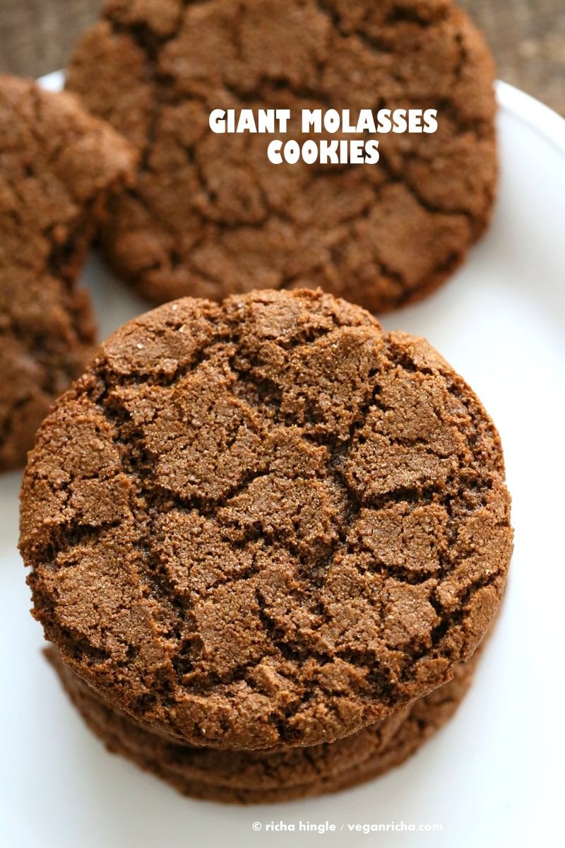 One Bowl Giant Molasses Cookies. Vegan Ginger molasses cookies. Huge, chewy and Crinkles! Easy #Holiday #Christmas #Cookie #Recipe.| VeganRicha.com