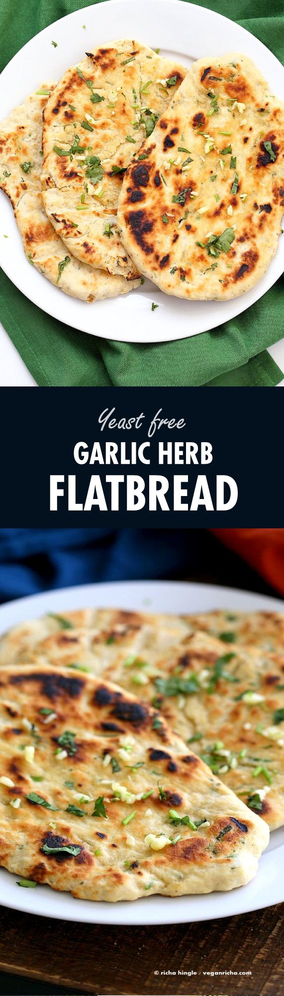 Garlic flatbread Recipe No Yeast. This easy garlic herb flatbread has no yeast, doesn't need hours to rest, and has a secret ingredient. Yeast-free Garlic Naan | VeganRicha.com #vegan #flatbread #recipe