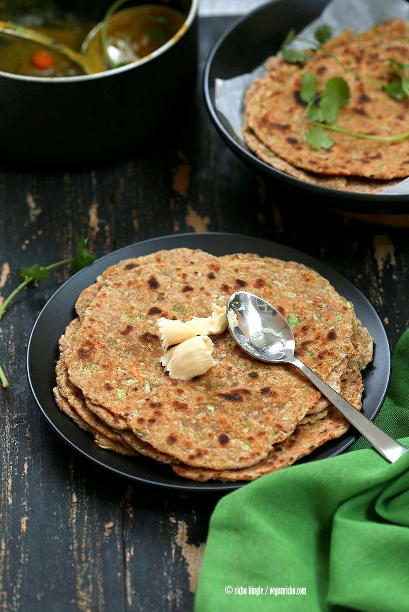 Lauki Paratha - Spiced Opo Squash / Zucchini Wheat Flatbread . Easy Indian flatbread. Yeast-free, Whole grain | VeganRicha.com #vegan #Indian #recipe