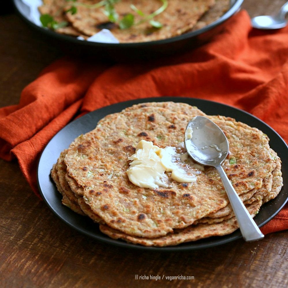 Lauki Paratha - Spiced Opo Squash / Zucchini Wheat Flatbread . Easy Indian flatbread. Yeast-free, Whole grain | VeganRicha.com #vegan #Indian #recipe