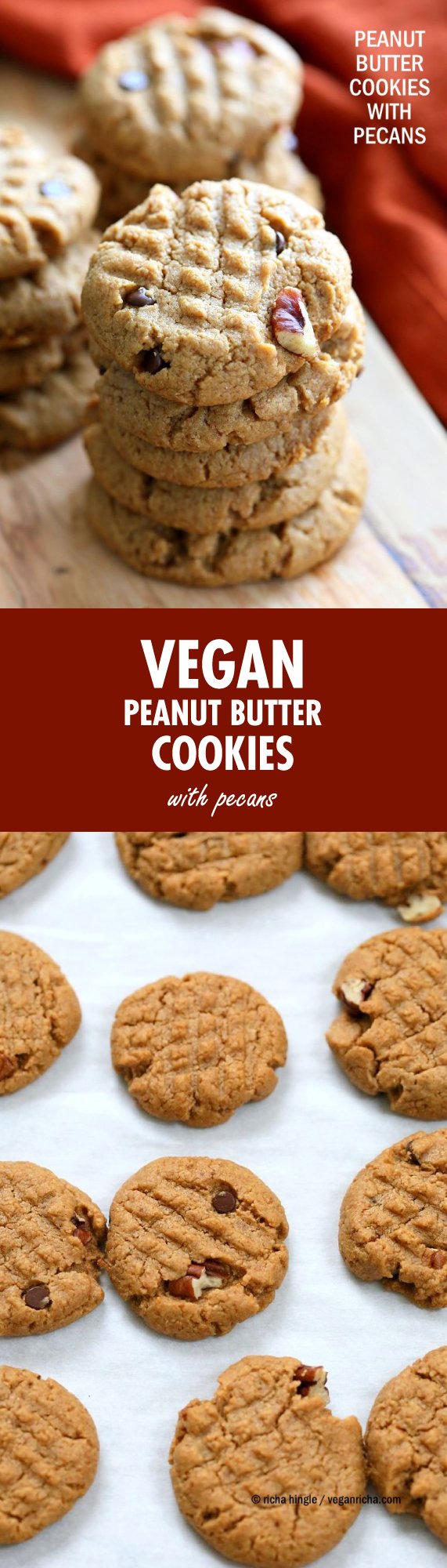 Vegan Peanut Butter Cookies with Pecans and Chocolate chips. Pecans add a buttery flavor to these soft nut Butter cookies. Peanut / Almond Butter Cookies. | VeganRicha.com #vegan #cookie #peanutbutter