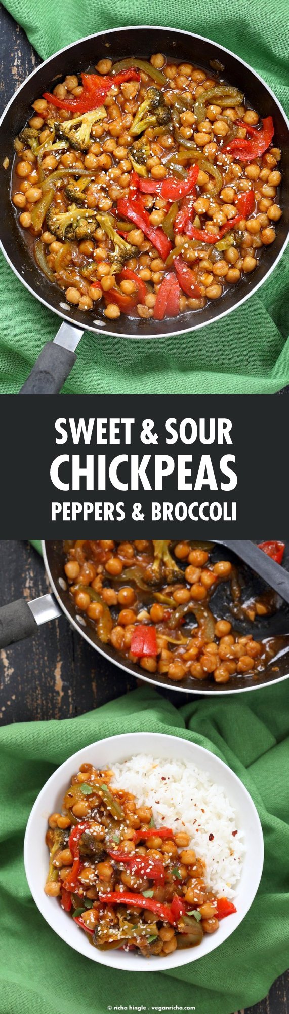 Sweet and Sour Chickpeas, Peppers, and Broccoli. Easy Weeknight One Pot Protein filled Meal. | VeganRicha.com #vegan #glutenfree #chickpeas #onepot