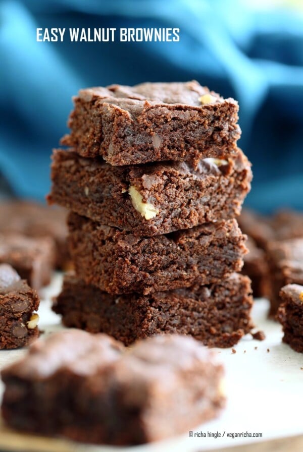 Easy Vegan Brownies Recipe. Fudgy, delicious. Add walnuts, peppermint, ginger, peanut butter swirl for variation | VeganRicha.com #vegan #brownie #glutenfree #veganricha