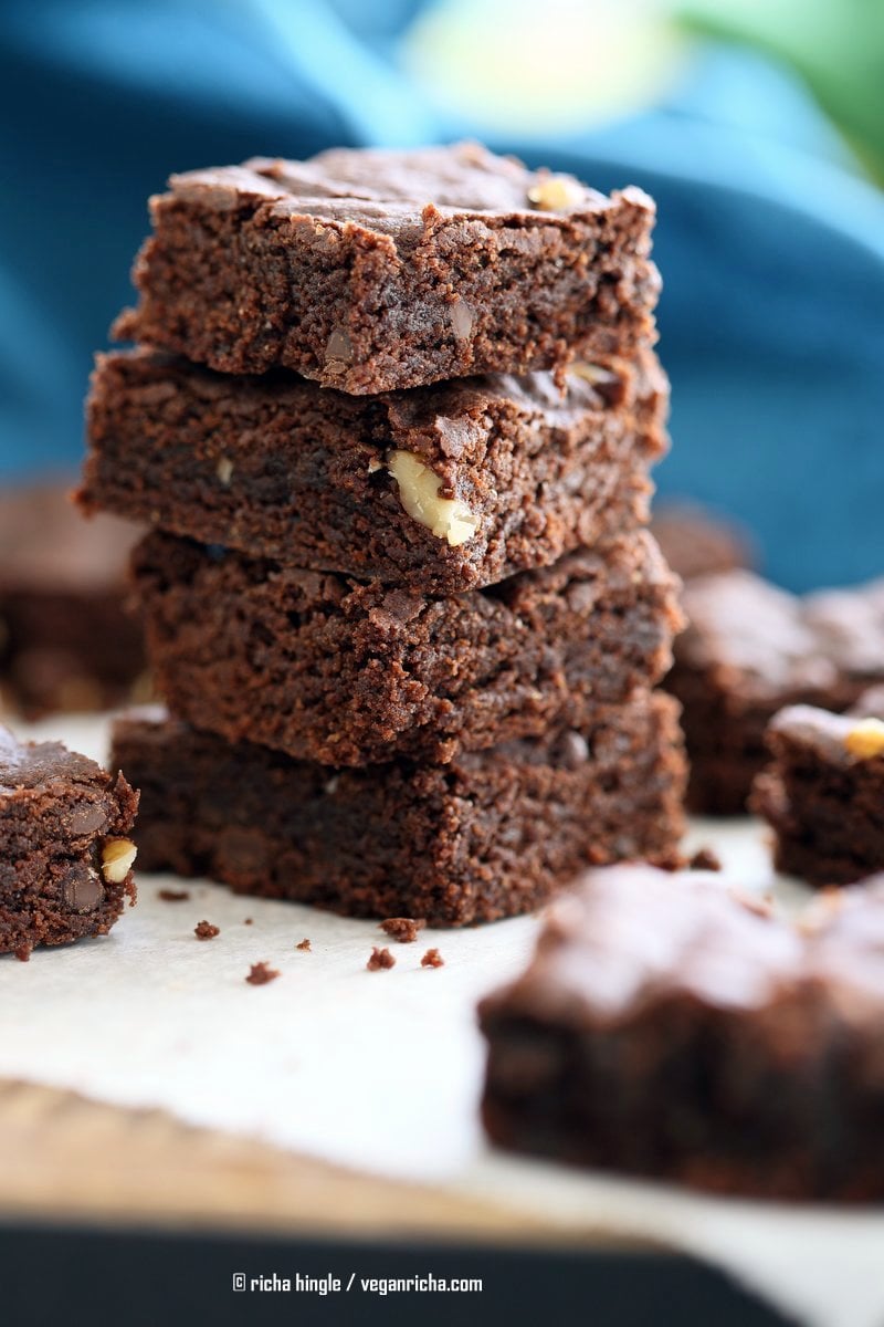 Easy Vegan Brownies Recipe. Fudgy, delicious. Add walnuts, peppermint, ginger, peanut butter swirl for variation | VeganRicha.com #vegan #brownie