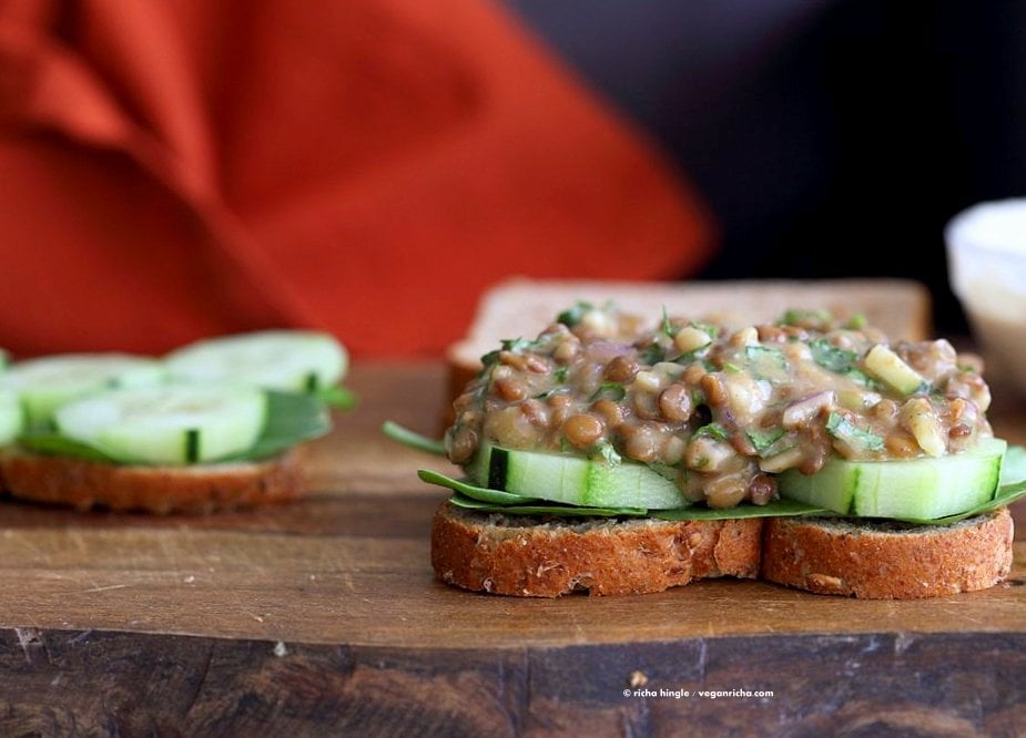 Falafel Spice Lentil Salad Sandwich with lemony tahini dressing. Lentils spiced with falafel spices & cucumber, serve in sandwich or pita bread. | VeganRicha.com #lentils #sandwich #vegan #recipe