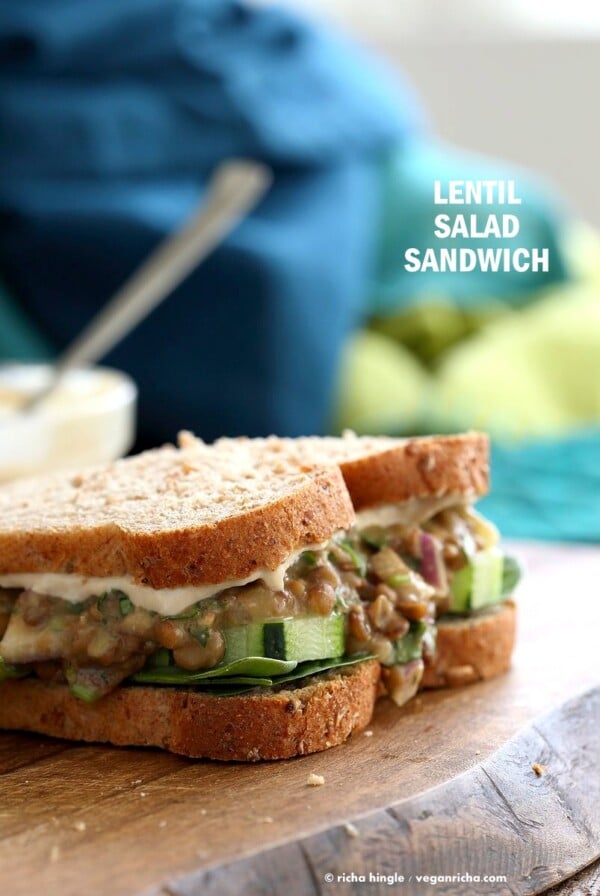 Falafel Spice Lentil Salad Sandwich with lemony tahini dressing. Lentils spiced with falafel spices & pickles serves in sandwich or pita bread. | VeganRicha.com #lentils #sandwich #vegan #recipe #veganricha