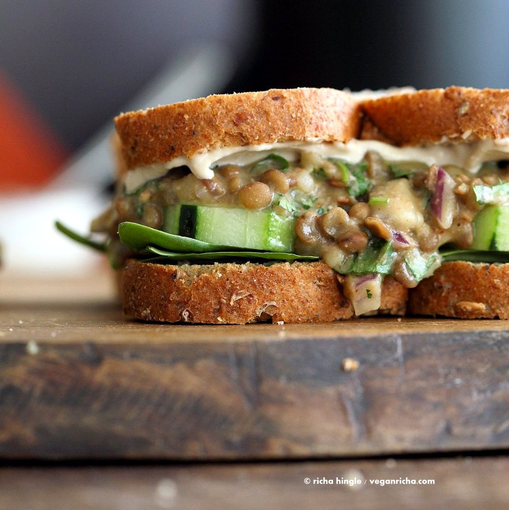 Falafel Spice Lentil Salad Sandwich with lemony tahini dressing. Lentils spiced with falafel spices & pickles, serve in sandwich or pita bread. | VeganRicha.com #lentils #sandwich #vegan #recipe