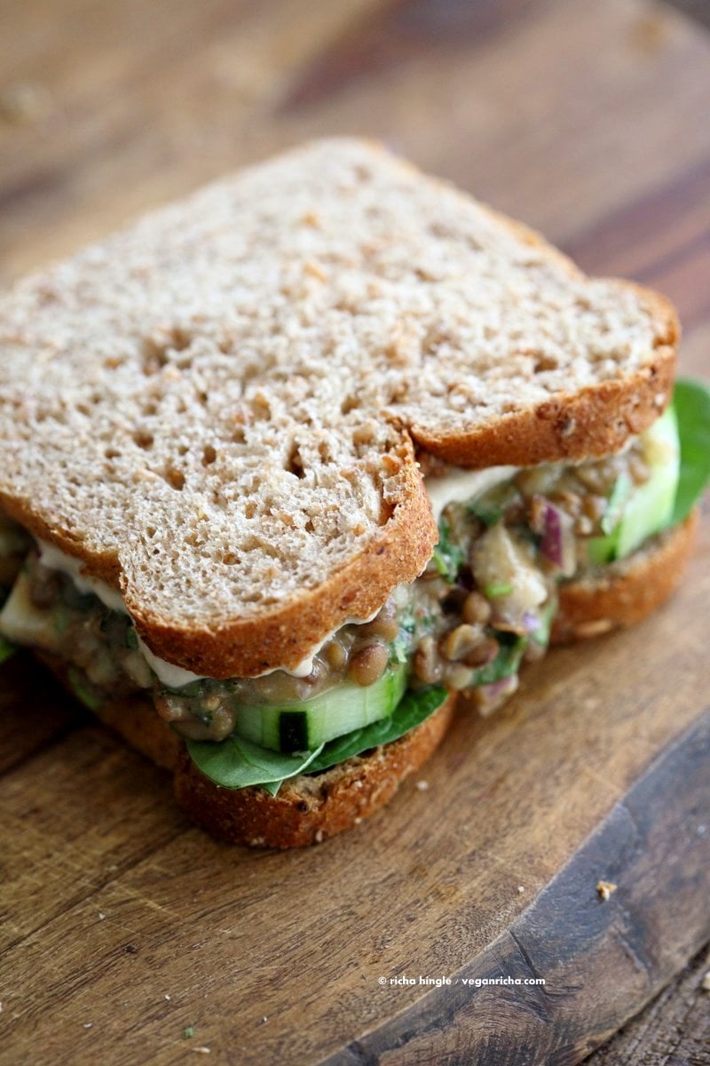 Falafel Spice Lentil Salad Sandwich with lemony tahini dressing. Lentils spiced with falafel spices & pickles, serve in sandwich or pita bread. | VeganRicha.com #lentils #sandwich #vegan #recipe