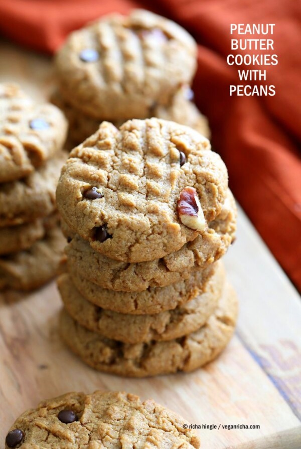 Vegan Peanut Butter Cookies with Pecans and Chocolate chips. Pecans add a buttery flavor to these soft nut Butter cookies. Peanut / Almond Butter Cookies. | VeganRicha.com #vegan #cookie #peanutbutter #veganricha
