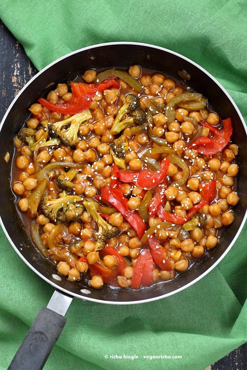 Sweet and Sour Chickpeas, Peppers, and Broccoli. Easy Weeknight One Pot Protein filled Meal. | VeganRicha.com #vegan #glutenfree #chickpeas #onepot